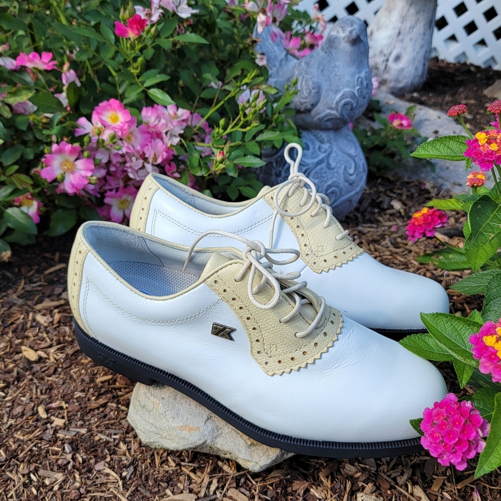 CUTTER & BUCK ⛳ White|Bone Two-Tone Oxford Leather Lace Up Spike Golf Shoes 7.5